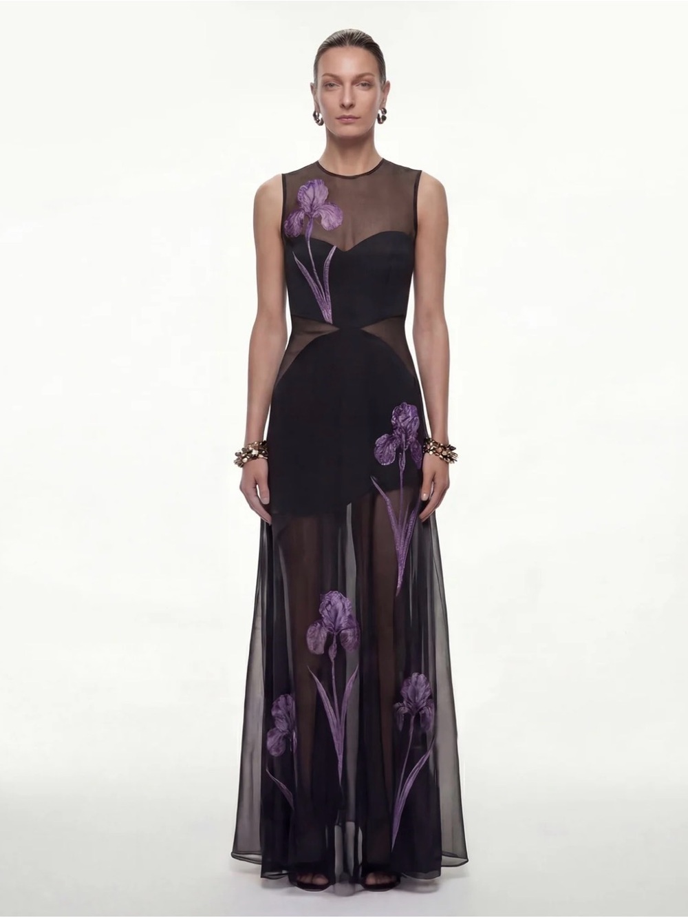 JW PEI Black Sheer Maxi Dress with Purple Floral Appliqué